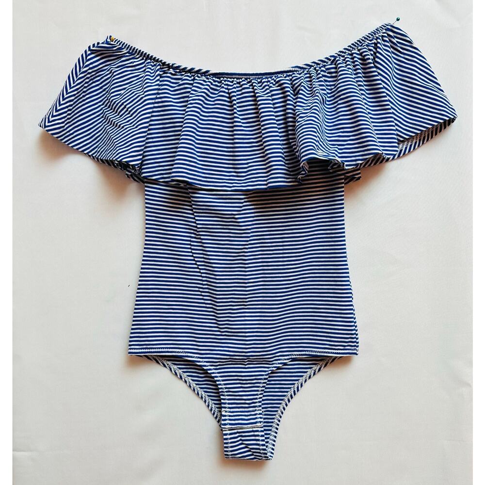 J. Crew Women's blue white striped off-the-shoulder bodysuit ruffle trim XXS